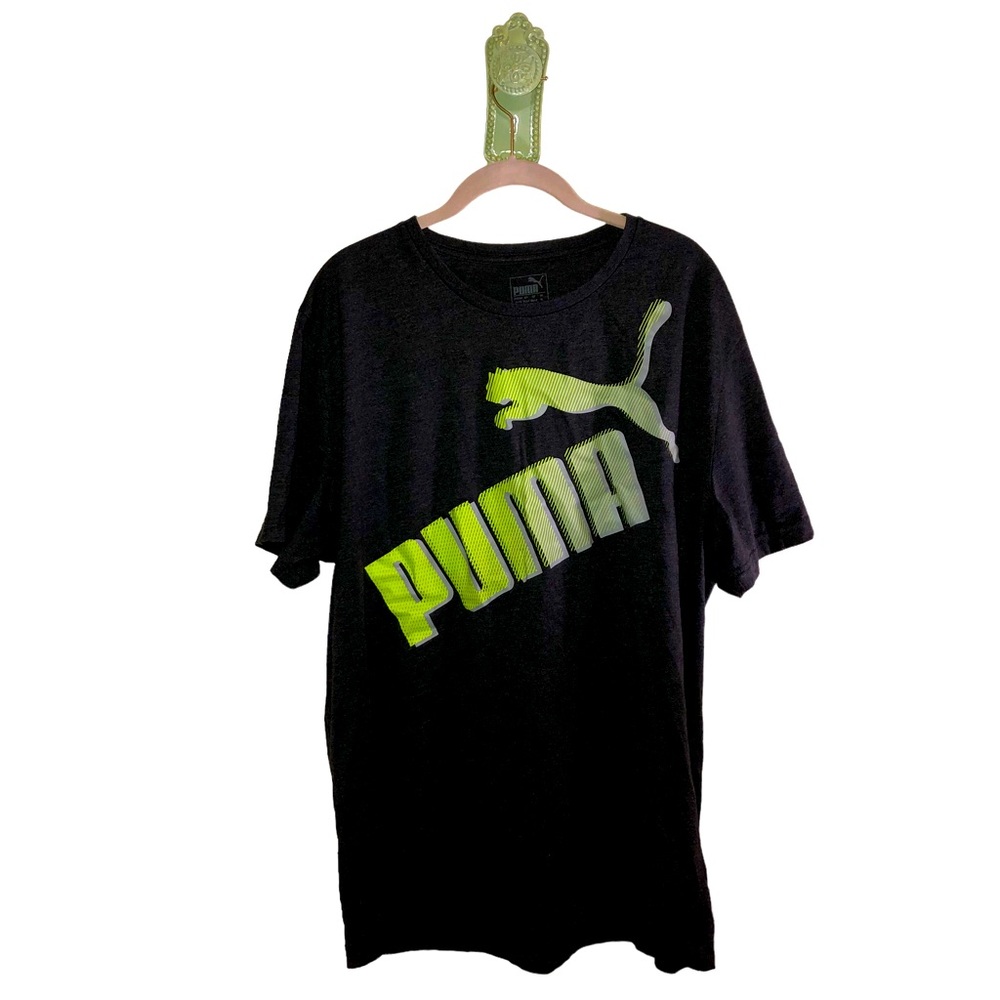 Puma Graphic Tee Retro Lime Green Neon Shadow Stripe Shirt Dark Grey Black